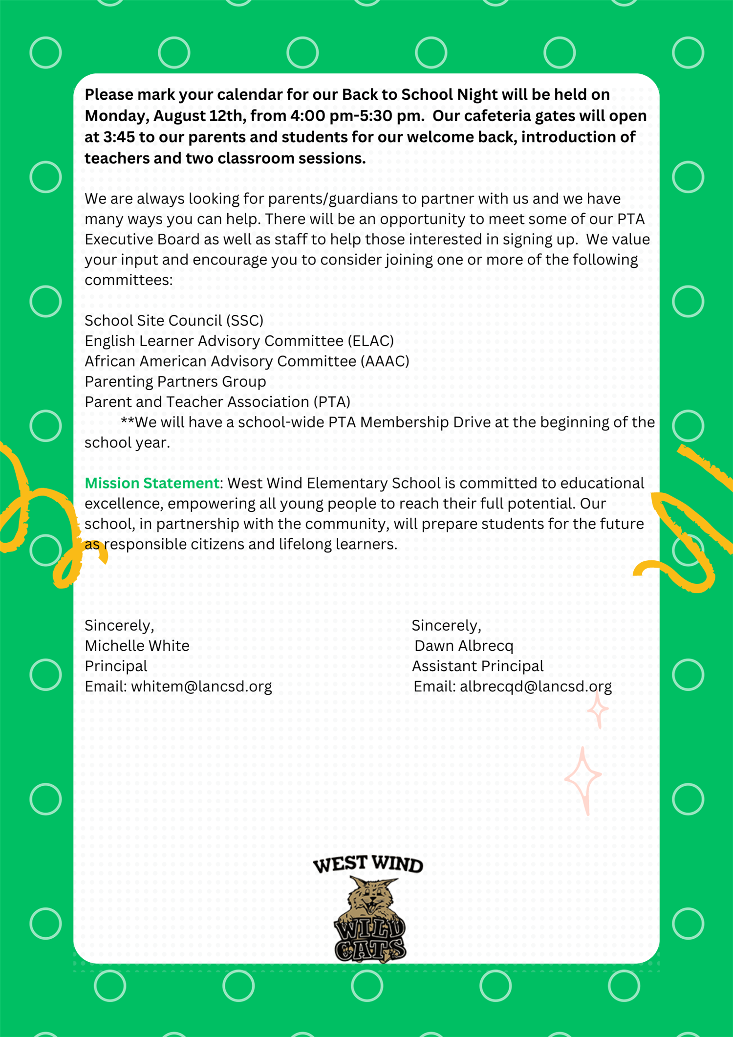 Please read our welcome back letters for the year and join us in welcoming in the new year with a smile.
